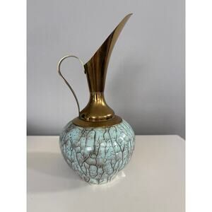 Vintage Delft Holland Ewer Vase with Brass Top Aqua and Green Pottery Bottom